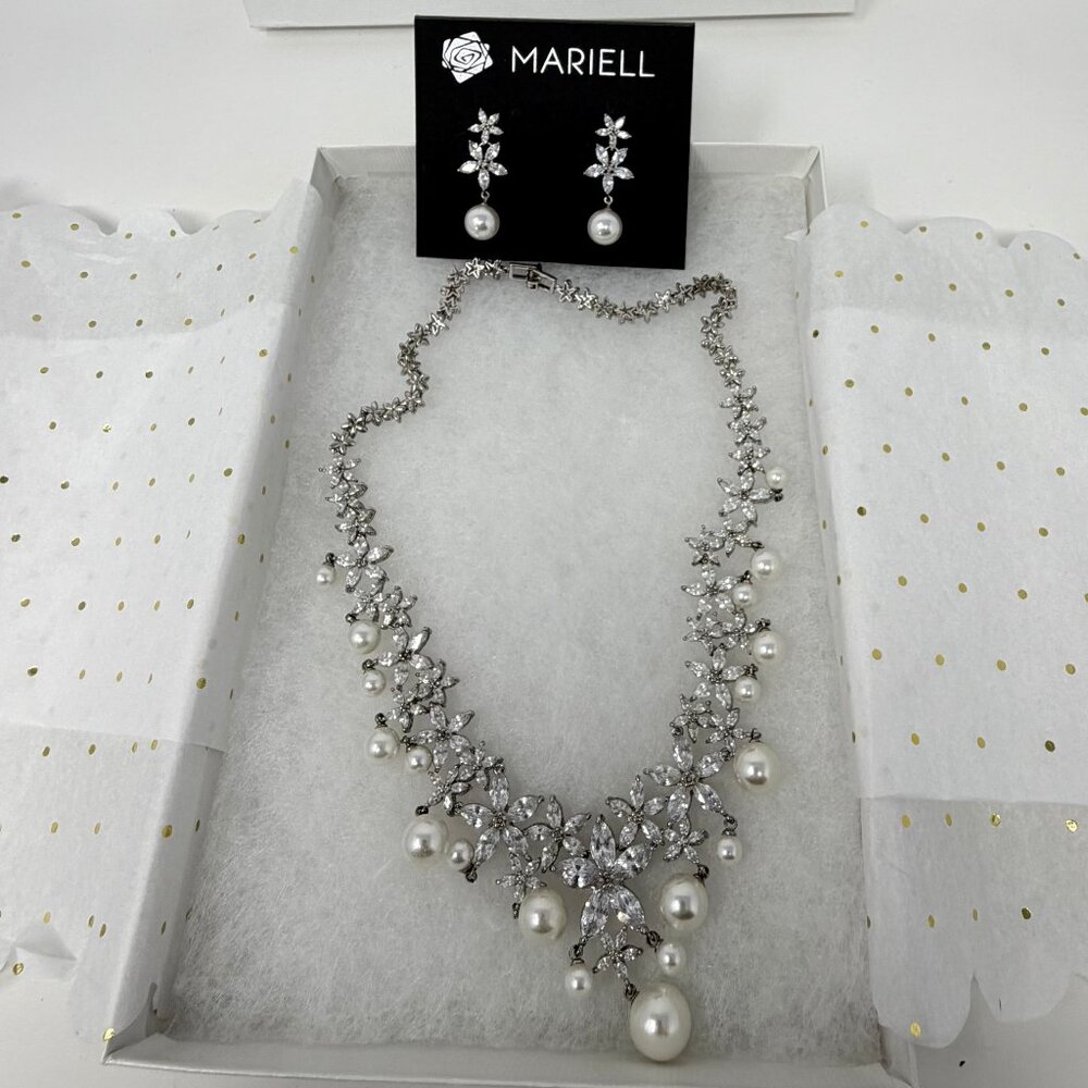 Mariell Bridal Cubic Zirconia & White Pearl Bridal Necklace & Earring Set